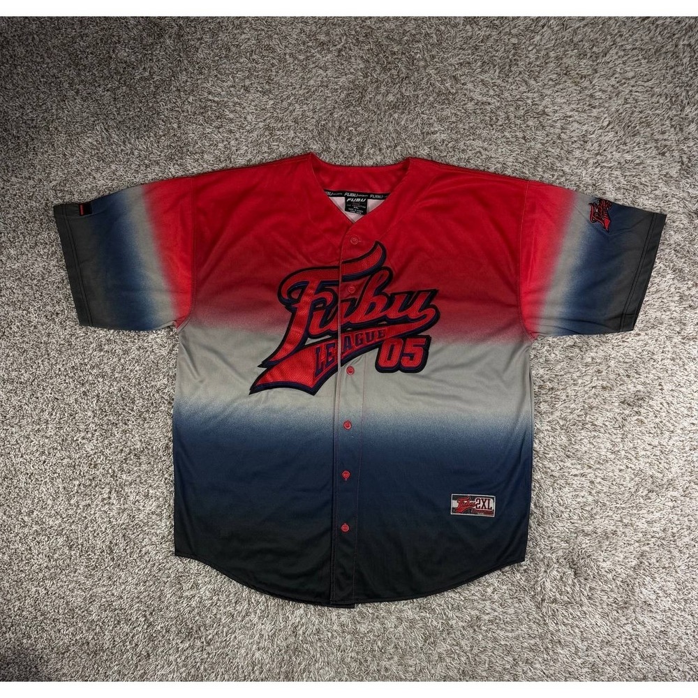 Vintage FUBU League 05 Button Baseball Jersey Shirt Men's Size 2XL Hip Hop Y2K